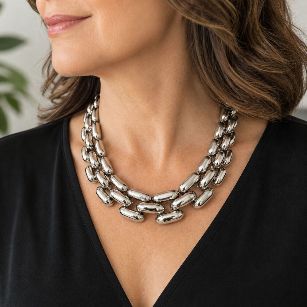 Vintage Silver Tone Chunky Triple Link Statement Necklace 17" - Picture 7 of 7